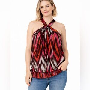 Cato Top Sleeveless Halter Smocked Stretch Orange Pink Brown Print Large New